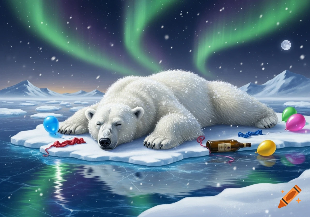A stylized illustration of a polar bear sleeping on an ice floe under the vibrant aurora borealis, surrounded by colorful balloons and an empty bottle.
