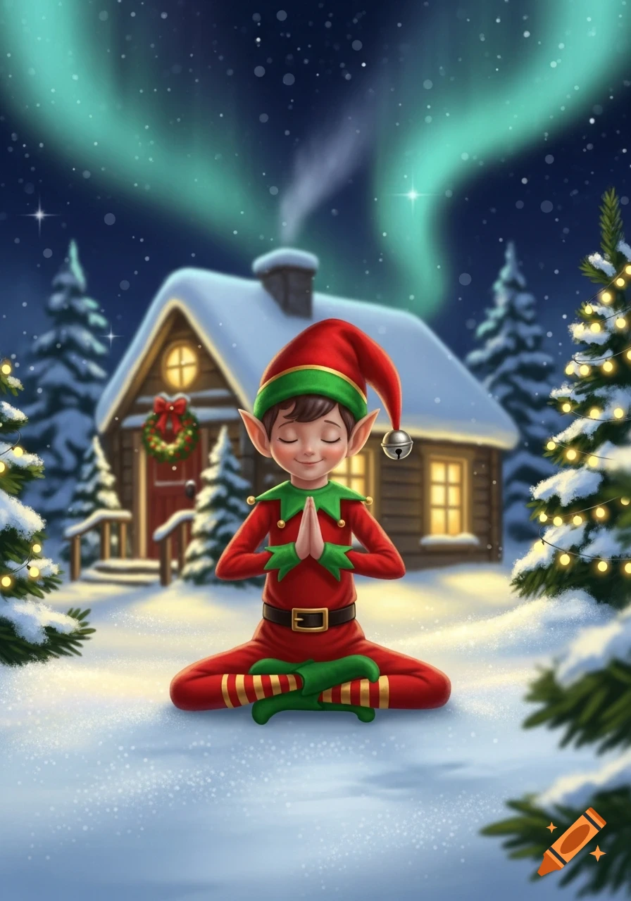 A cheerful Christmas elf in red and green meditates in a snowy winter scene with a cozy cabin, illuminated trees, and green aurora lights.