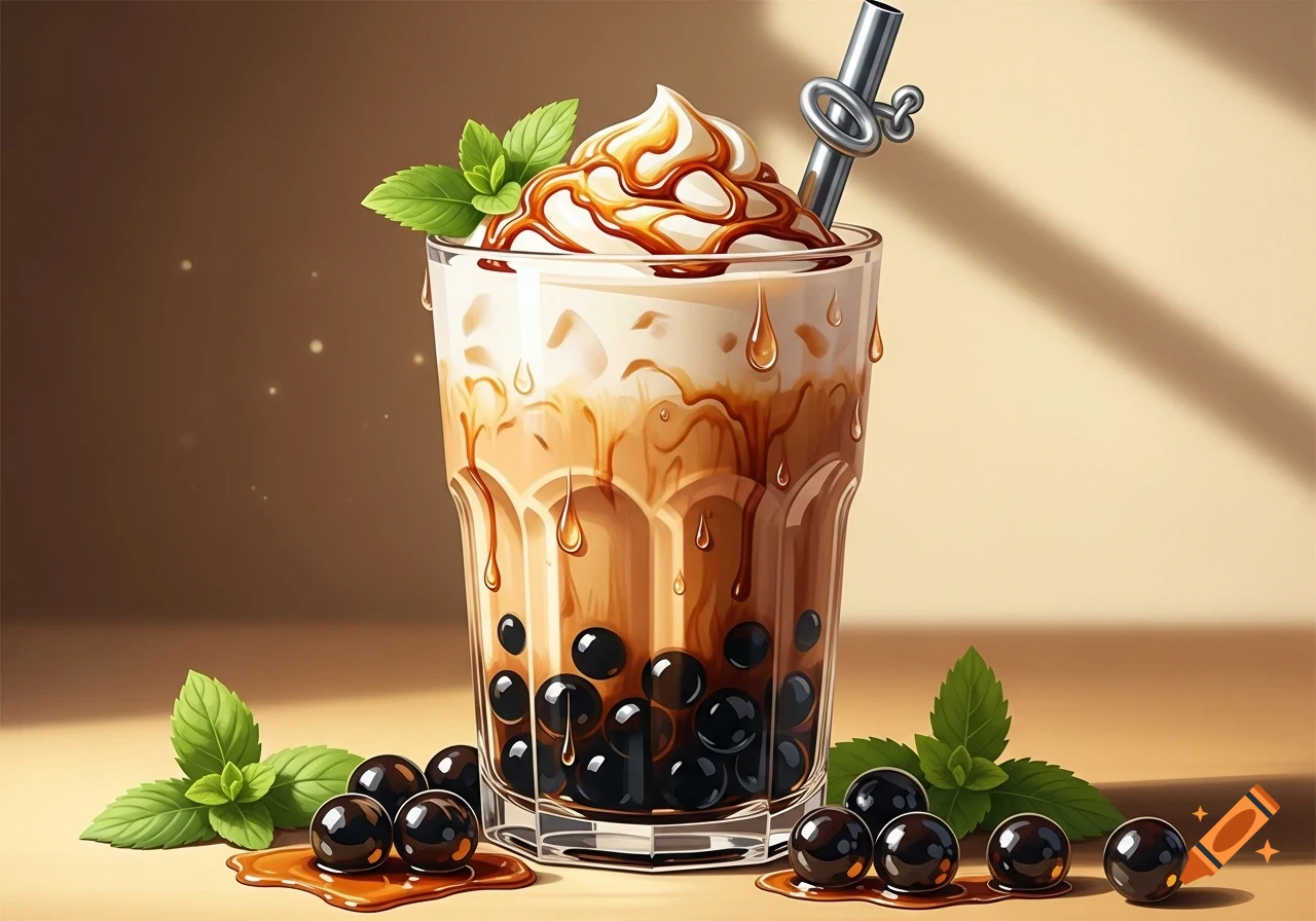 Stylized illustration of a boba tea drink with whipped cream, caramel drizzle, mint leaves, and scattered pearls.