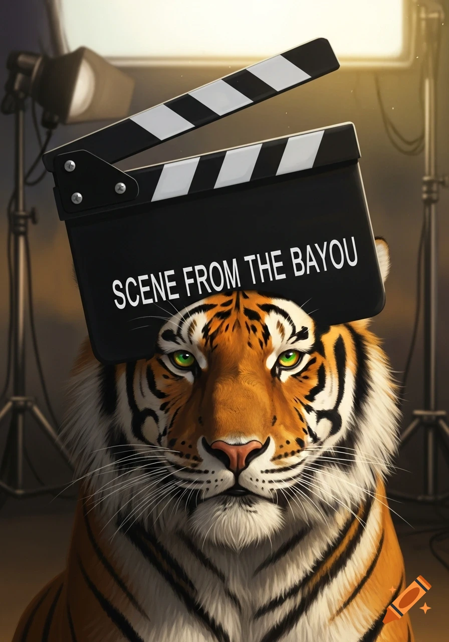 A close-up illustration of a tiger's head wearing a movie clapperboard that reads 'SCENE FROM THE BAYOU', with studio lights in the background.