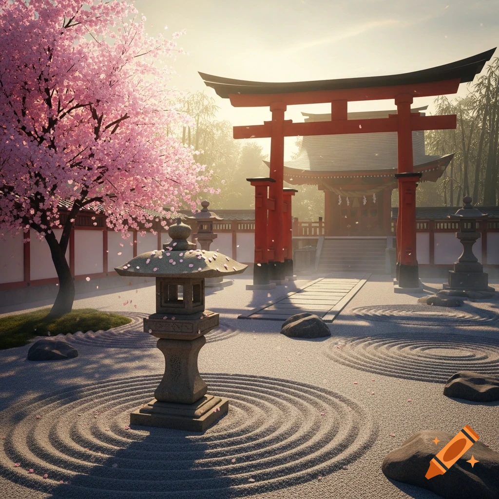 A serene Japanese garden with a stone lantern, raked gravel, pink cherry blossom tree, and a red torii gate leading to a temple under a soft sky.