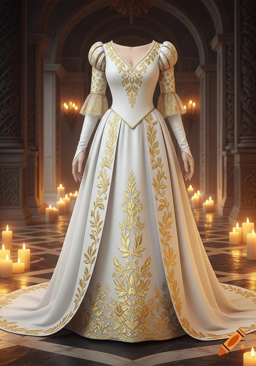 A white renaissance wedding dress with golden embroidered leaves and lace sleeves, displayed in a grand candlelit hall.