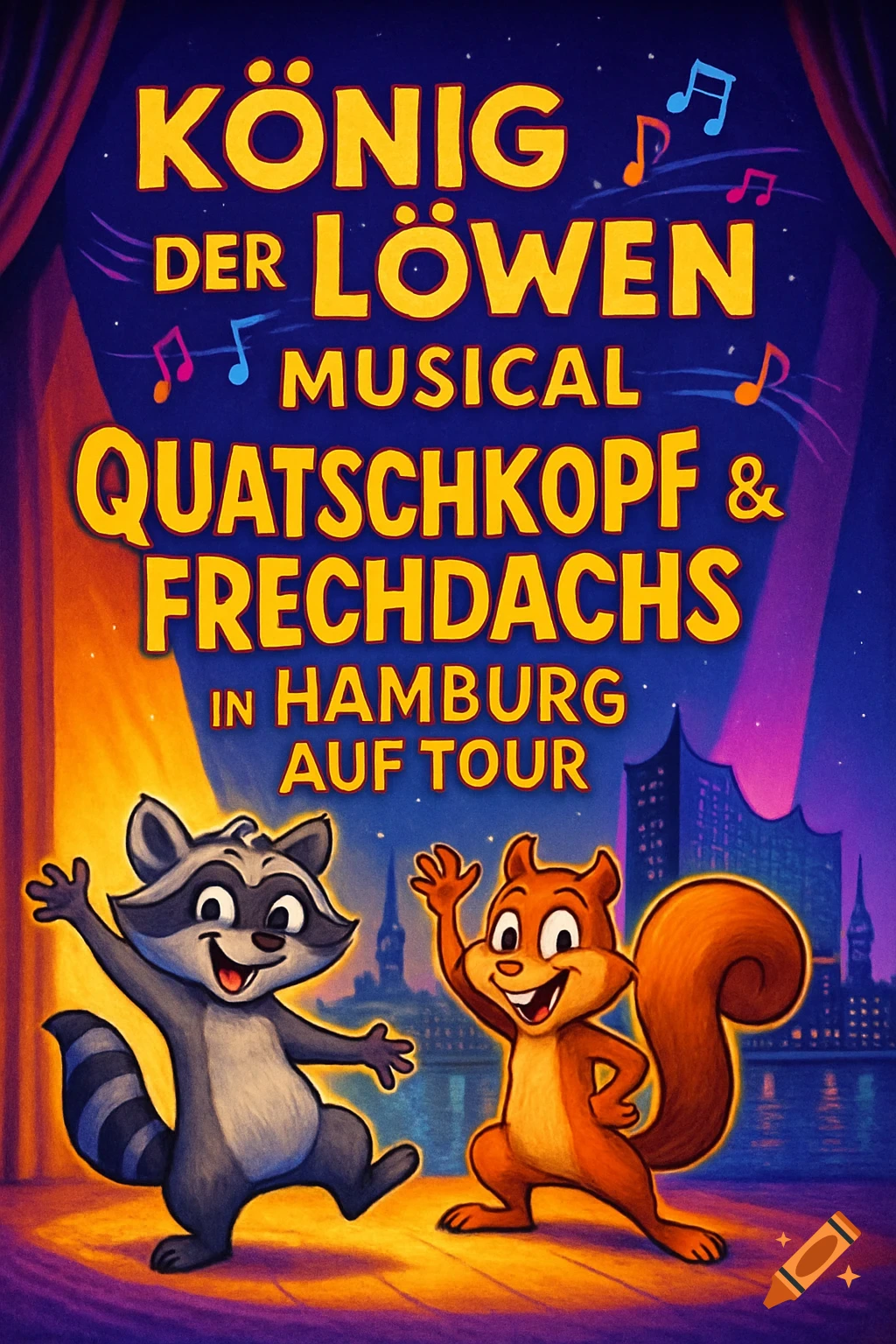 Vibrant cartoon musical poster with a cheerful raccoon and squirrel, promoting 'König der Löwen Musical Quatschkopf & Frechdachs in Hamburg auf Tour' against a city skyline.