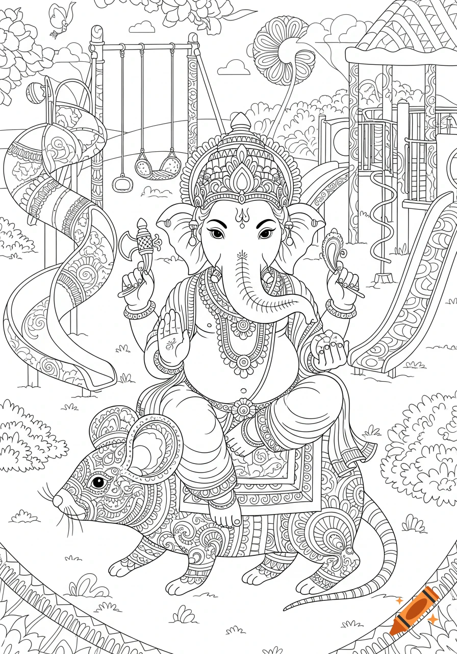 Black and white line art coloring page of Hindu god Ganesha riding a mouse in a playground.