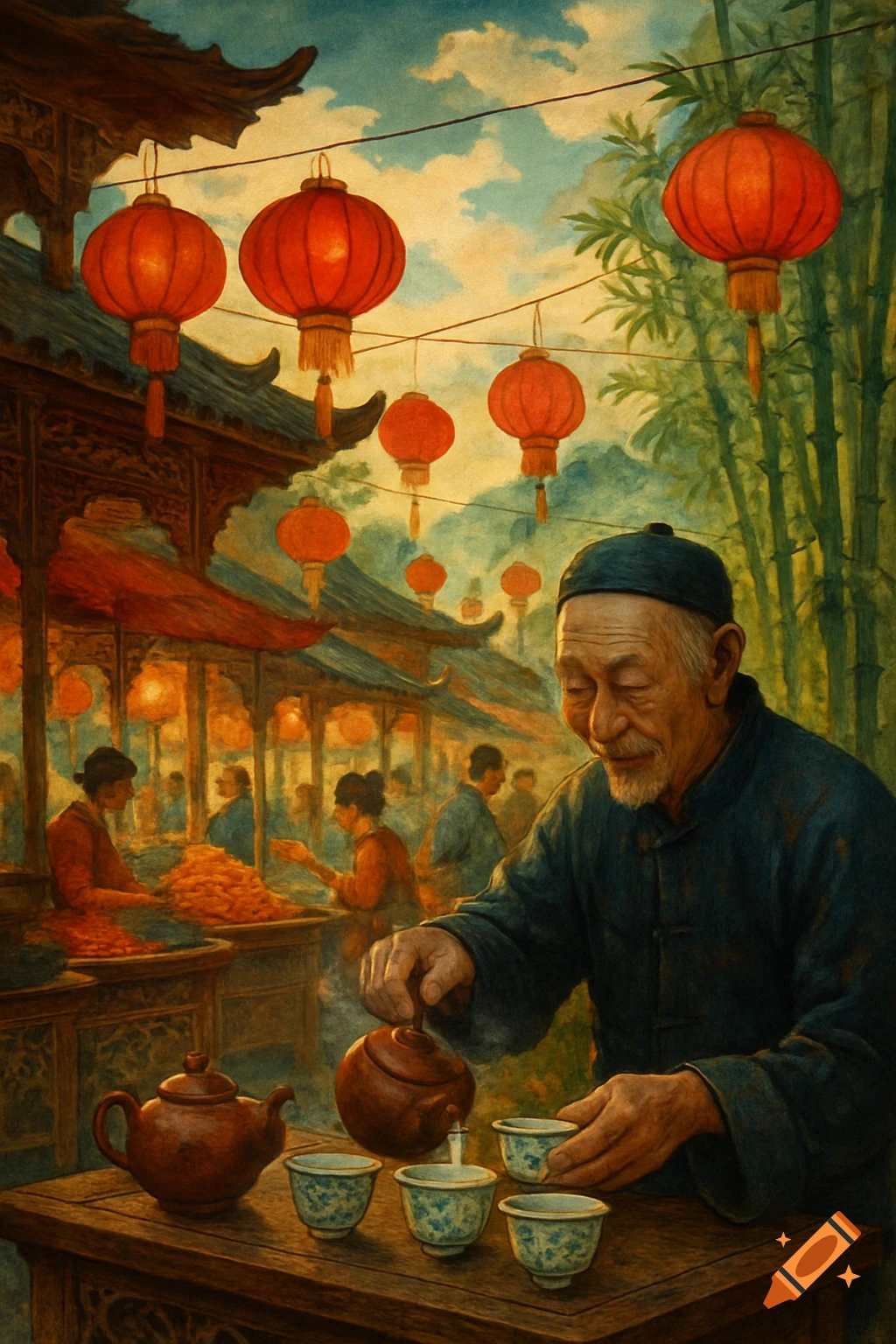 An old man in traditional Chinese clothing pours tea at a bustling market under red lanterns, with bamboo in a painterly style.