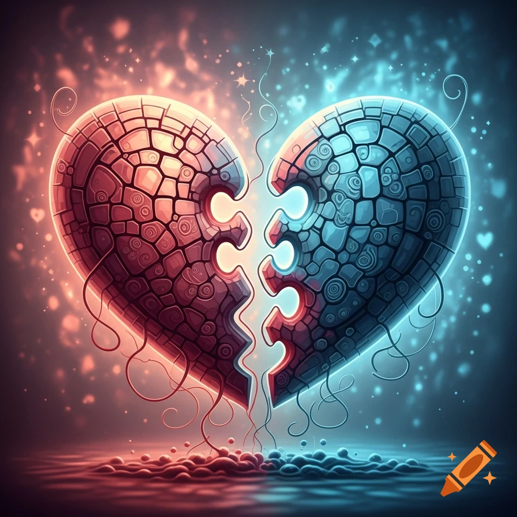 Vibrant digital art of a heart split into red and blue puzzle pieces, glowing and sparkling.