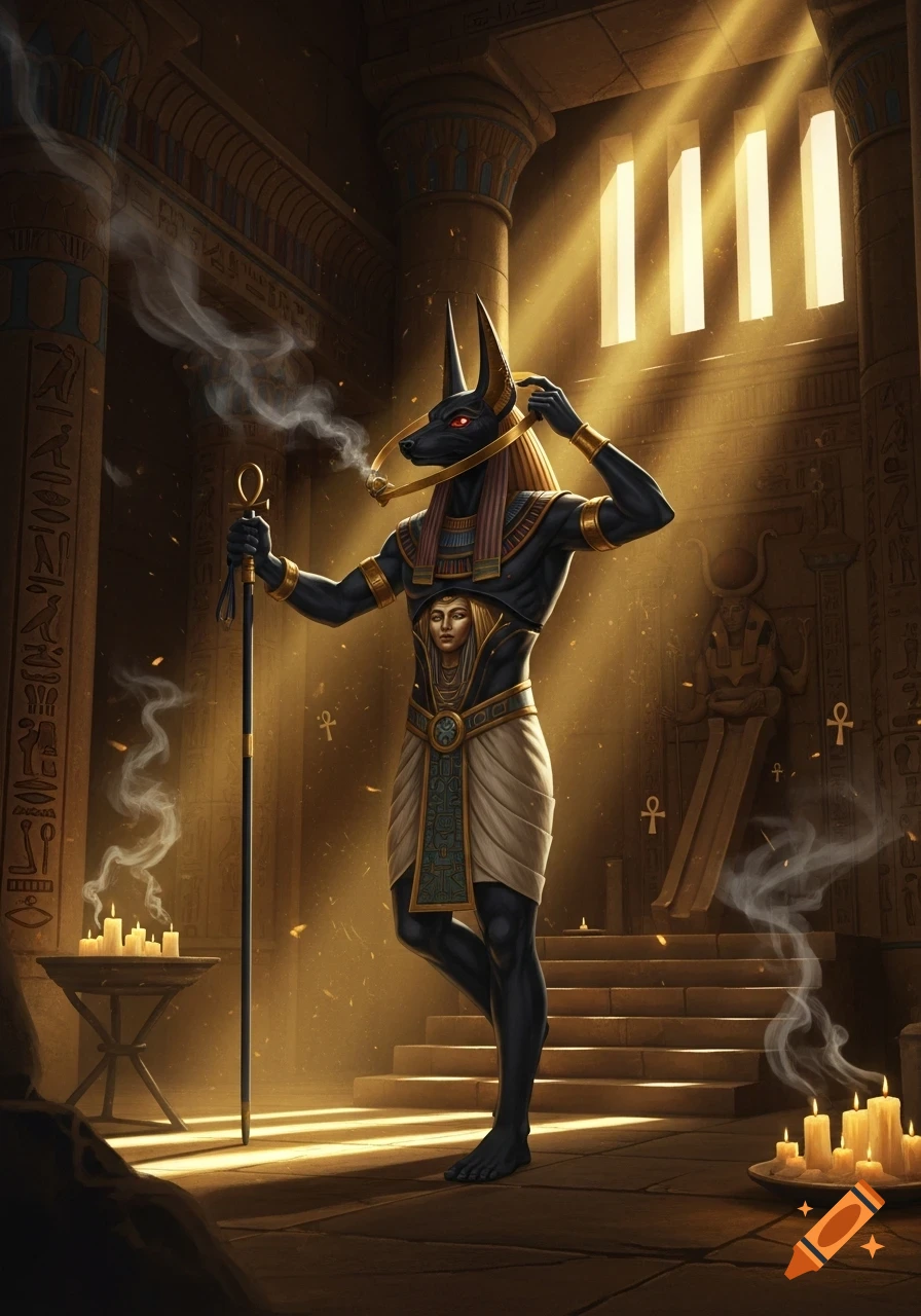 Anubis, the jackal-headed Egyptian god, stands in a sunlit temple holding an ankh staff, surrounded by smoke and candles.