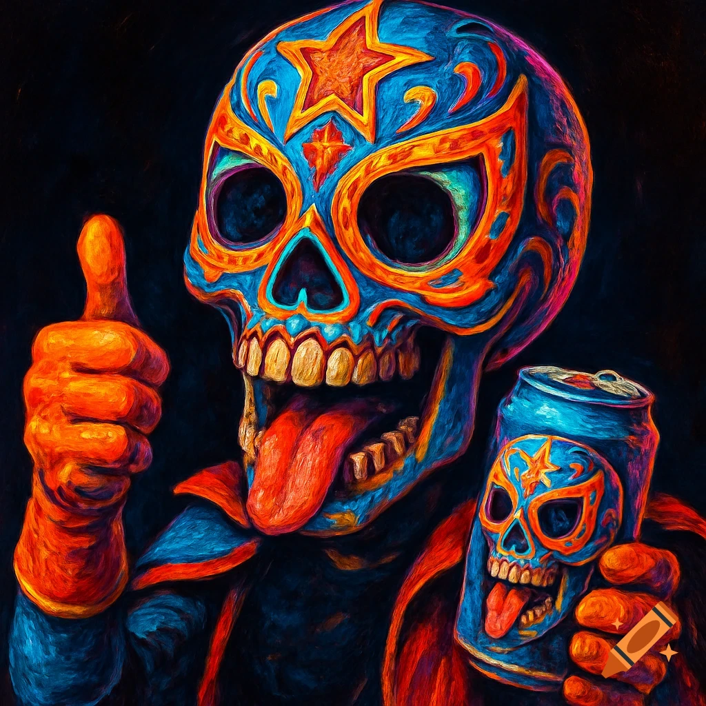 Vibrant painting of a calavera skull in a blue and orange luchador mask, tongue out, giving a thumbs-up, holding a can with its image.