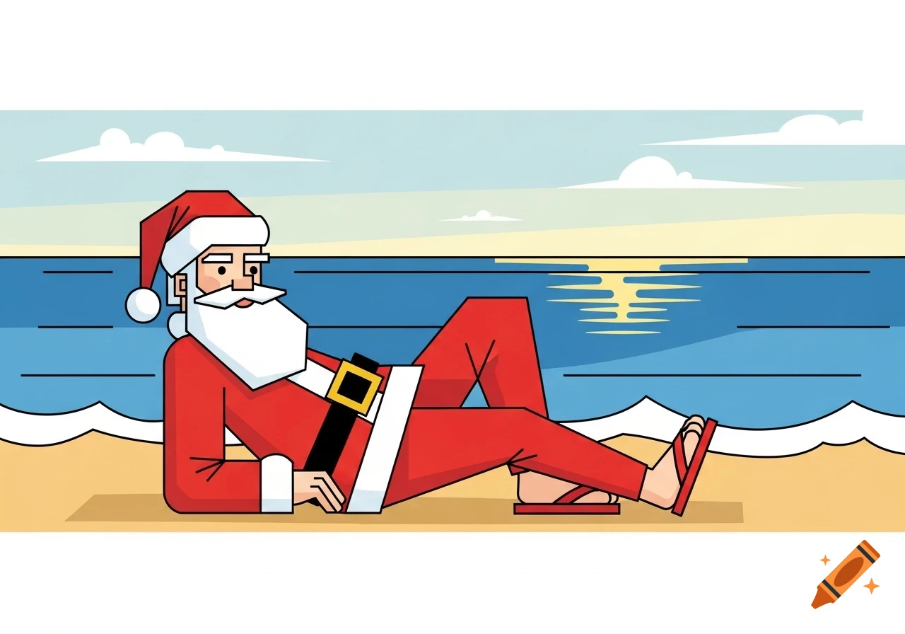 Minimalist cubist illustration of Santa Claus in a red suit and flip-flops relaxing on a sandy beach by the sea.