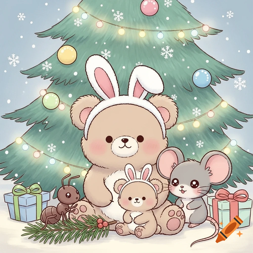 Kawaii cartoon: A large bear, baby bear, mouse, and ant under a decorated Christmas tree with gifts and snowflakes.