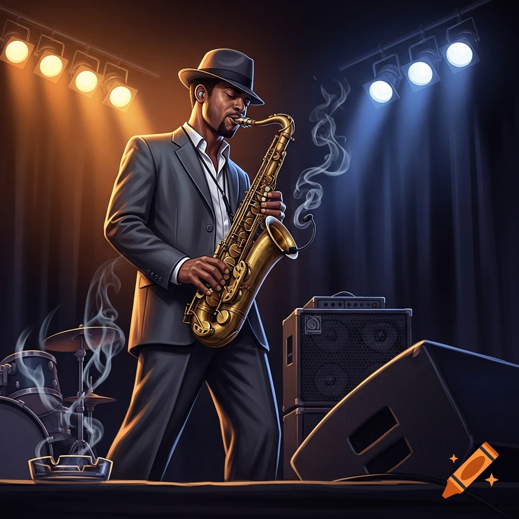 A stylish man in a fedora and suit plays a golden saxophone on a dimly lit stage with spotlights, drums, and speakers.
