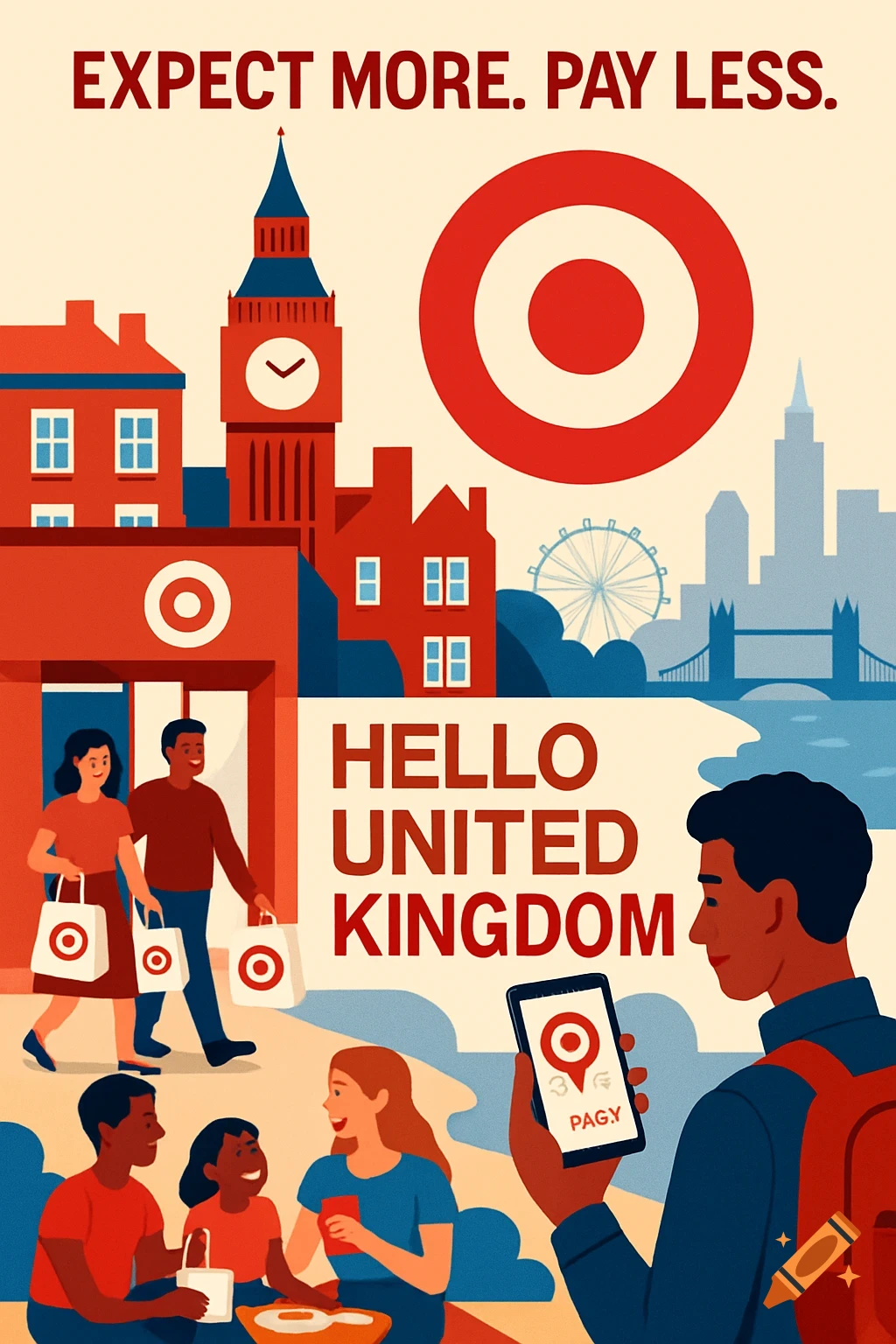 A colorful digital marketing poster depicts Target stores in London with Big Ben and the London Eye, showing people shopping and having a picnic, with the slogans 'EXPECT MORE. PAY LESS.' and 'HELLO UNITED KINGDOM.'
