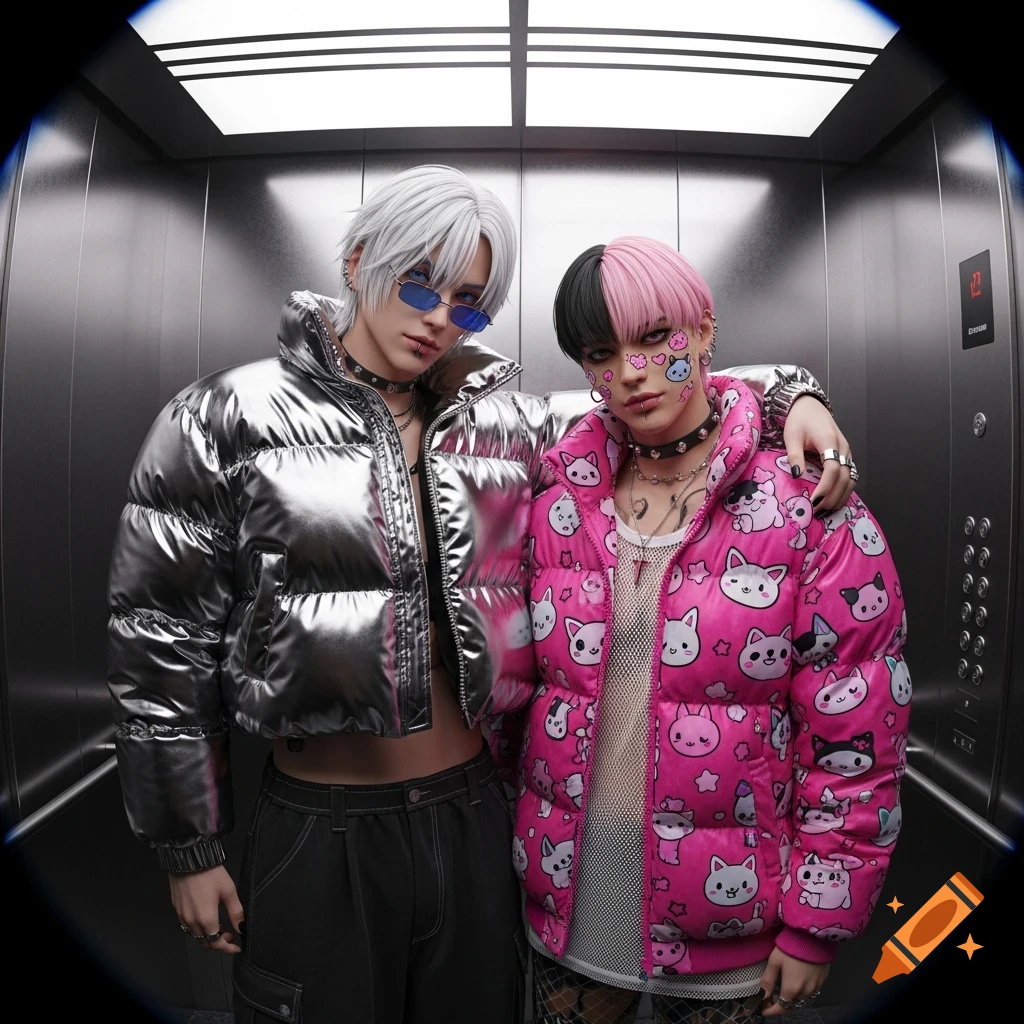 Two stylized 3D male characters in an elevator. One in silver puffer, the other in a pink cat-patterned jacket.