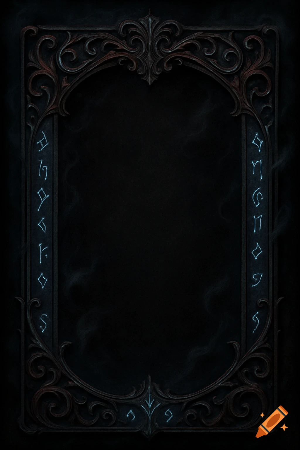 Ornate gothic frame with glowing blue runes on the sides, against a dark, smoky background.