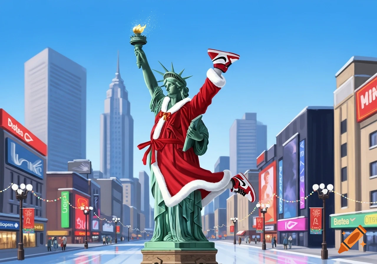 The Statue of Liberty in a Mrs. Claus outfit and Nike sneakers, doing an Air Jordan jump pose in a festive winter city, in a streetwear fashion style.