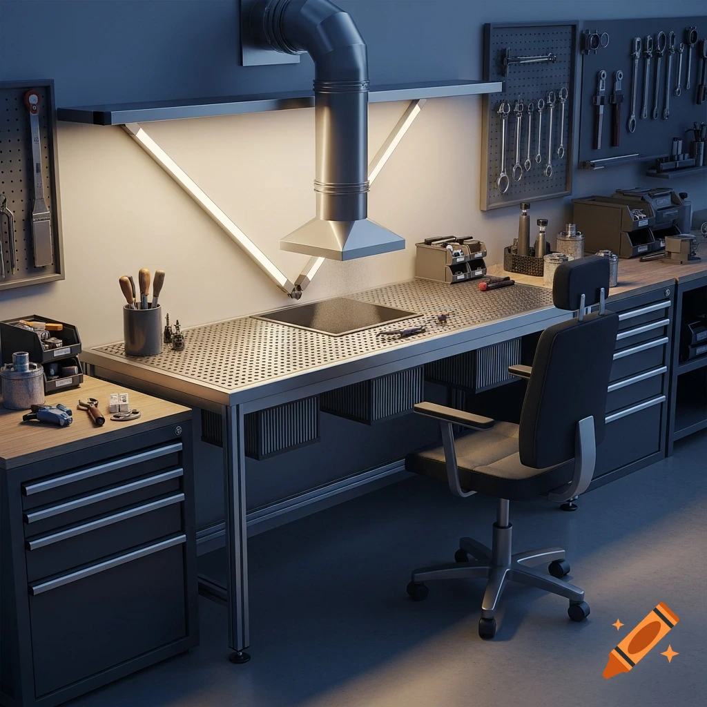 A well-lit workshop with a downdraft deburring bench, various tools, and an office chair.
