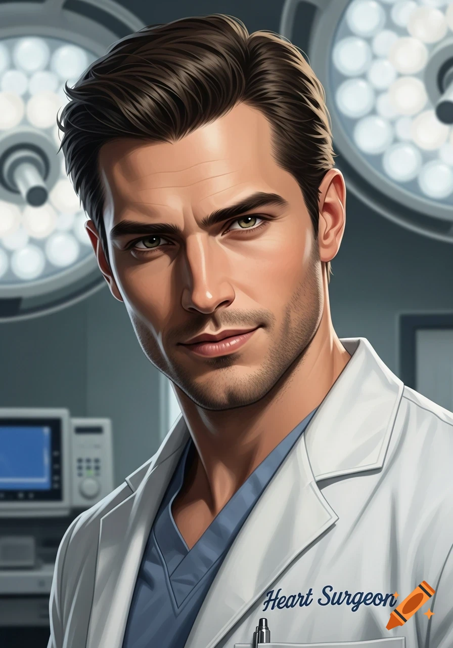 Handsome male heart surgeon in a white lab coat with "Heart Surgeon" on the pocket, standing in a surgical room. Photorealistic art style.