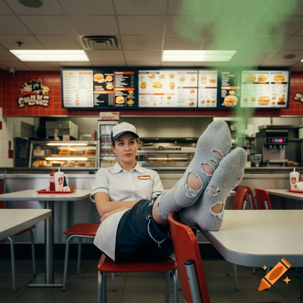 A female fast food employee sits with tattered, holey socks on a table in a restaurant, with a green cloud emanating from her feet.