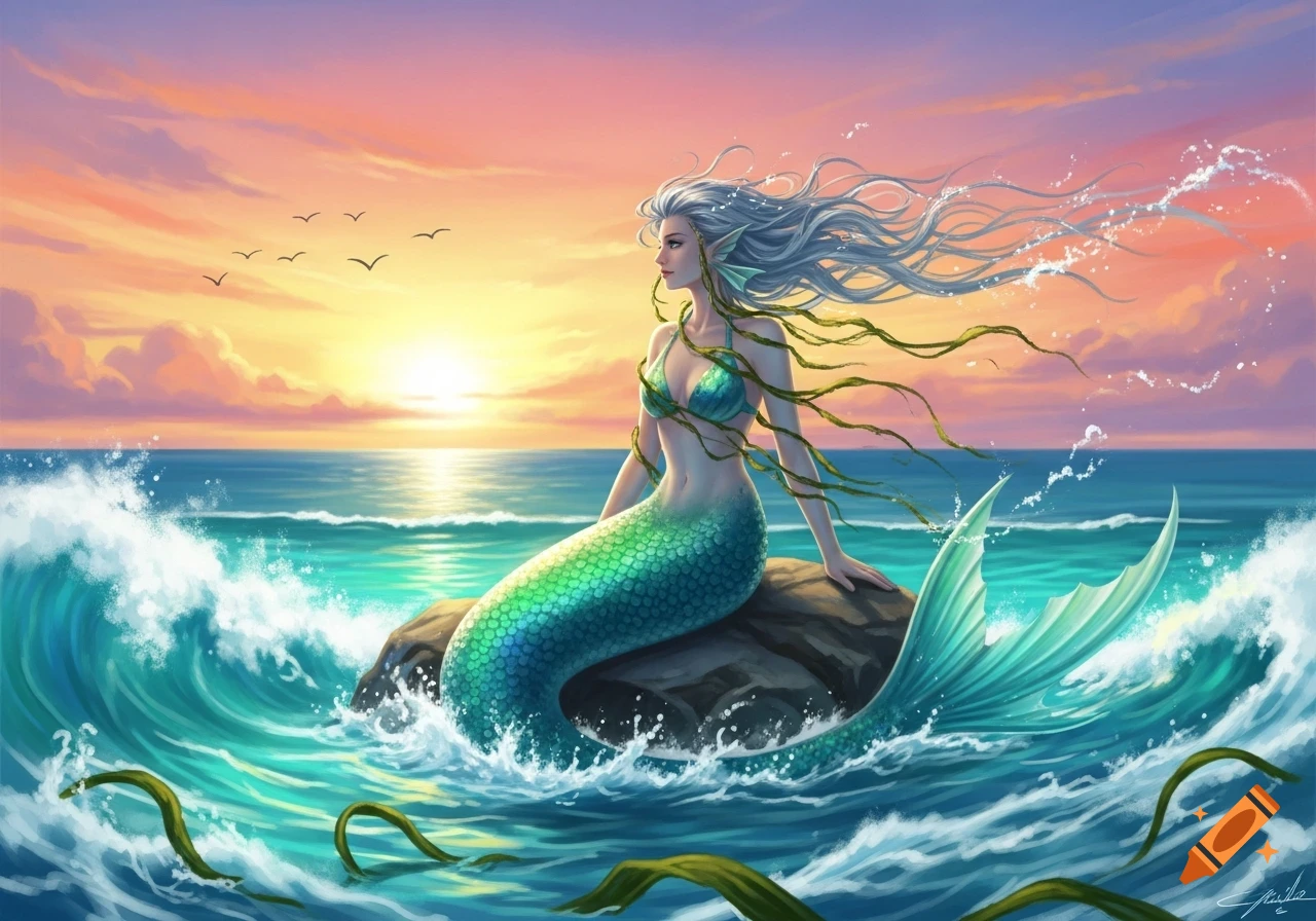 A mermaid with flowing silver hair sits on a rock in the ocean at sunset, with waves crashing around her.