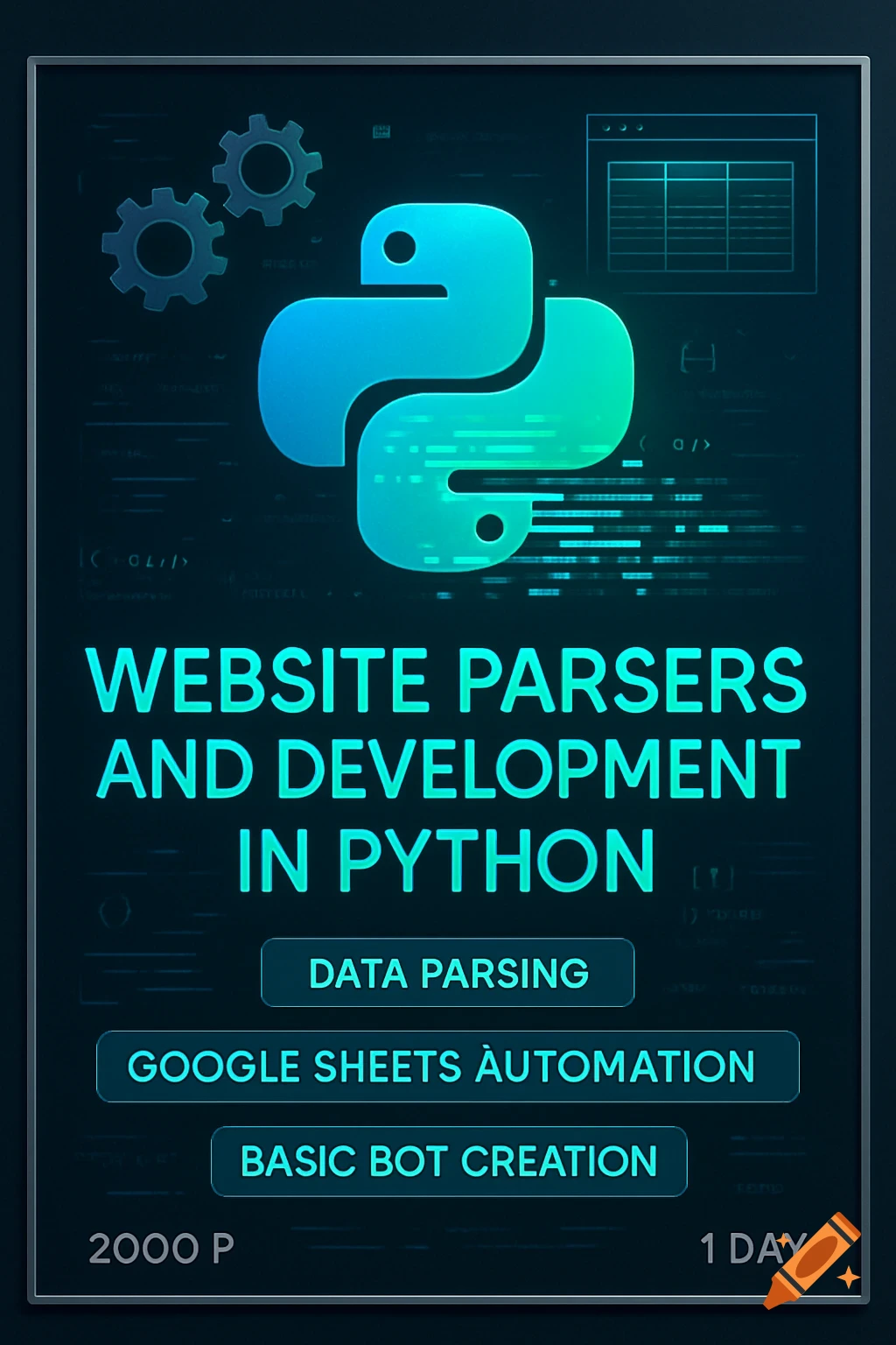 An advertisement for a Python course on website parsers and development, featuring the Python logo, gears, code, and text about data parsing, Google Sheets automation, and basic bot creation.