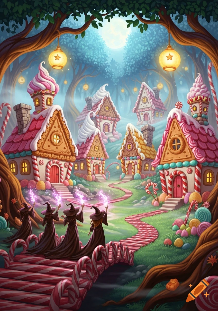 A whimsical illustration of four witches casting spells on a candy cane bridge in a magical forest with gingerbread houses.