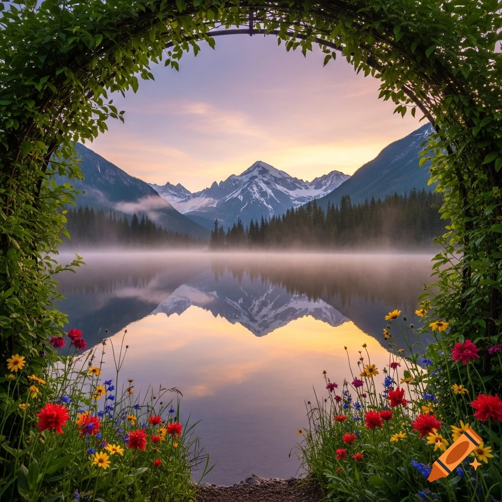 A serene mountain lake reflects a sunset sky, framed by a lush archway of green leaves and vibrant wildflowers in the foreground.