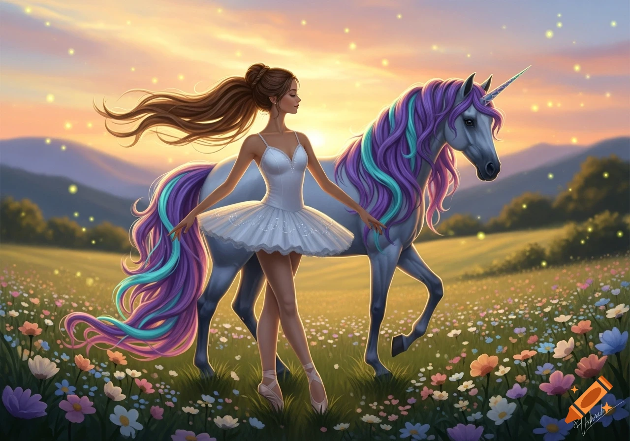 A ballerina with brown hair in a white tutu stands next to a gray unicorn with a purple and turquoise mane and tail in a flowery field at sunset.