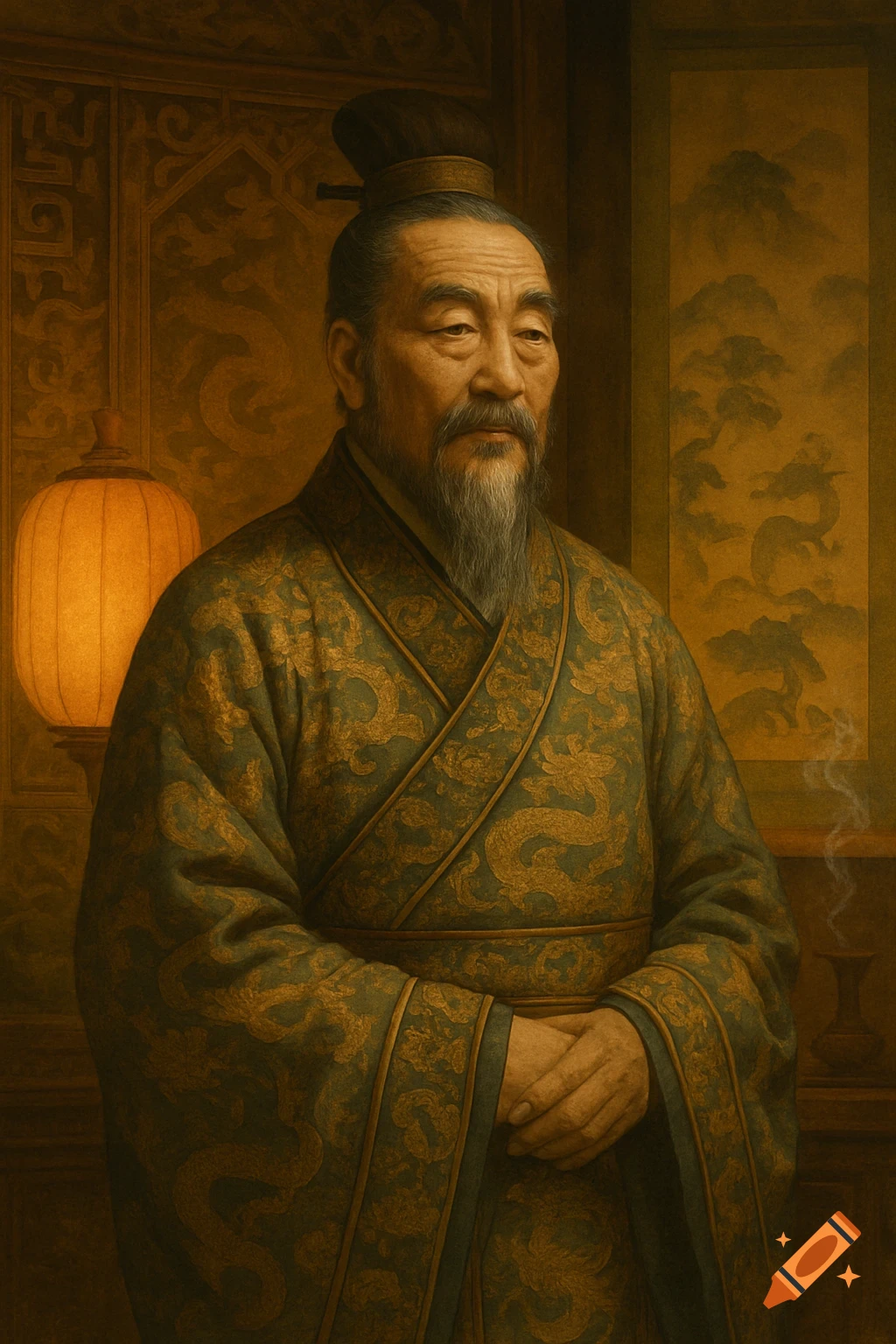 A dignified man with a long beard and topknot, wearing a green and gold patterned robe, stands in a warmly lit room with a traditional lantern and decorative screen.
