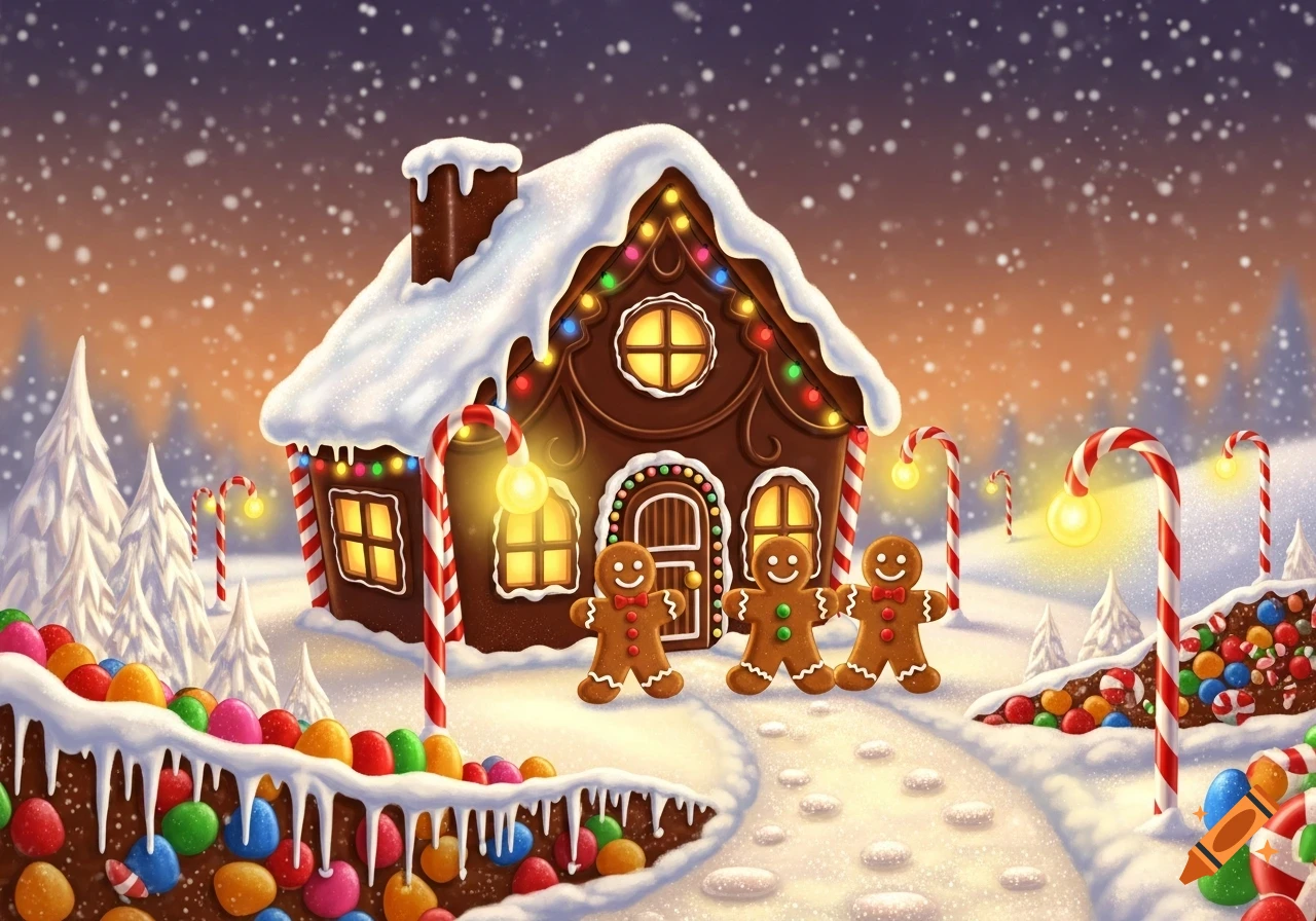 Festive gingerbread house with lights and candy in a snowy scene, with candy cane streetlights and three smiling gingerbread men.