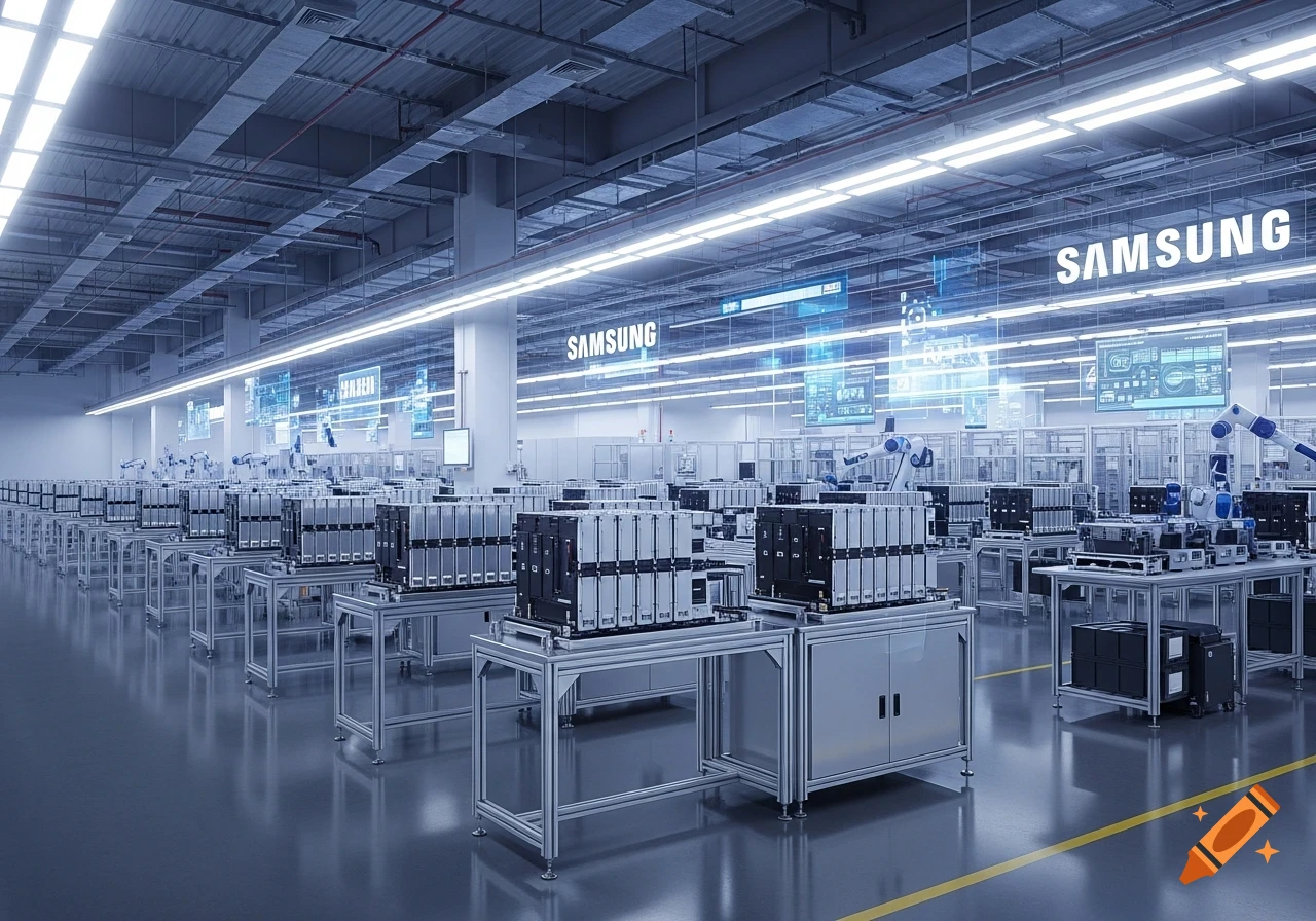 A modern, clean Samsung factory interior showing production lines, robotic arms, and digital information displays. Photorealistic.