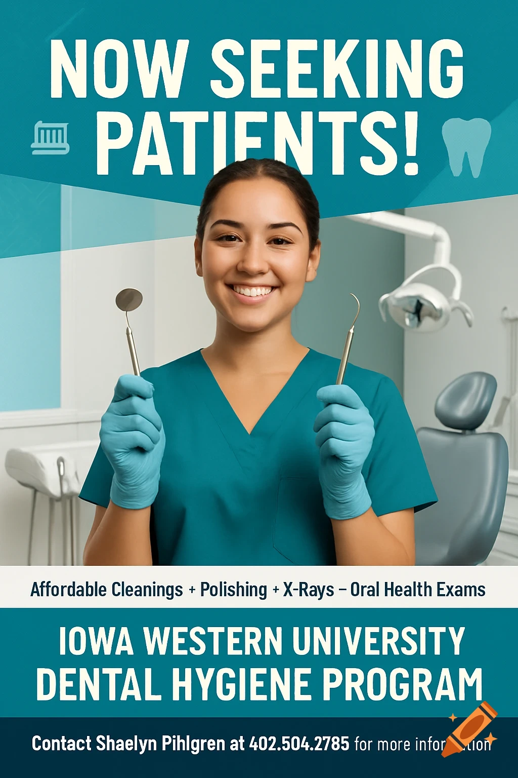 A smiling dental hygienist in teal scrubs and blue gloves holds a dental mirror and pick in a modern clinic, advertising for patients.
