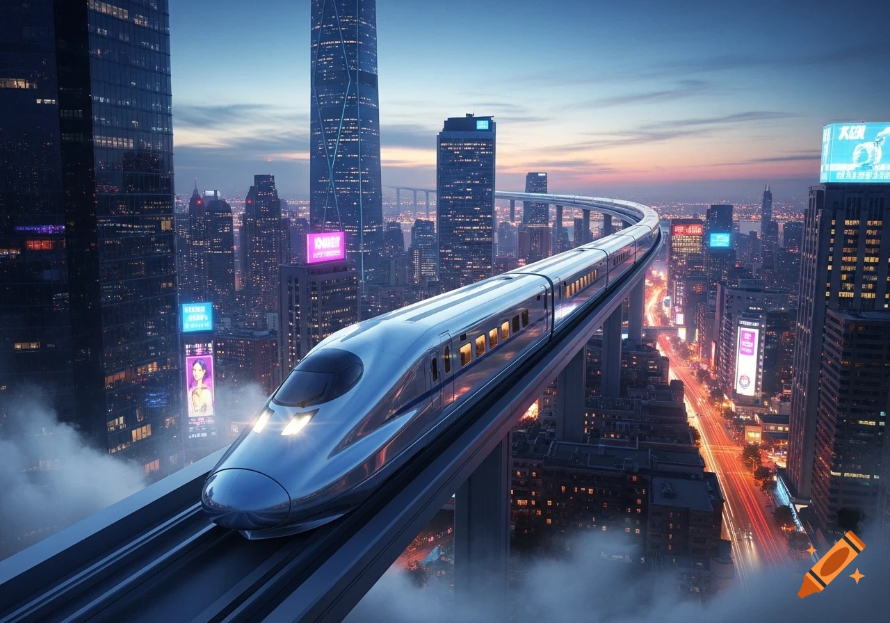 A futuristic high-speed train travels on an elevated track through a neon-lit metropolis at dusk, with towering skyscrapers.