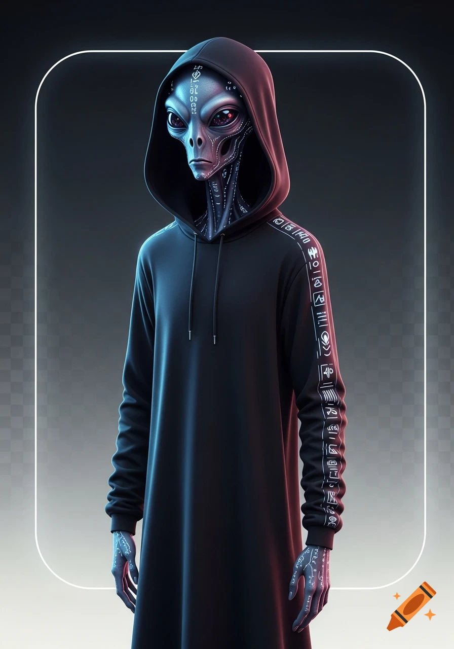 A grey-skinned alien with large dark eyes wears a black hoodie adorned with glowing symbols, standing against a dark background with a neon frame.