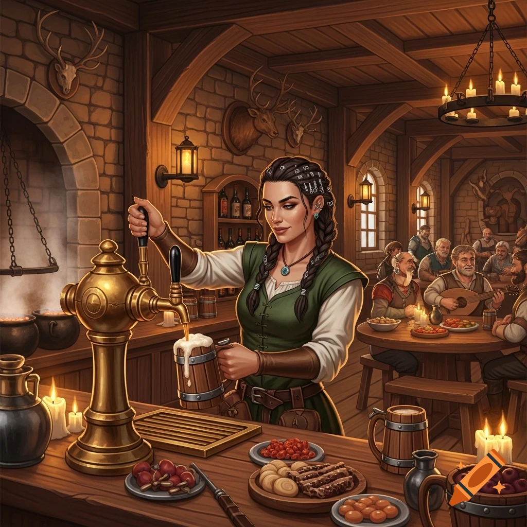 A female tavern owner pours beer from a golden tap into a wooden mug in a medieval tavern, with patrons in the background.