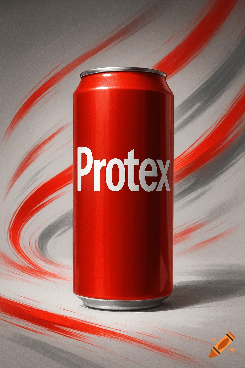 A red soda can with the word 'Protex' on it, against a grey background with red and grey brushstrokes.