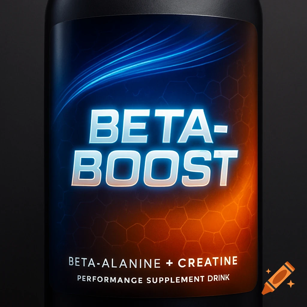 Close-up of a black supplement bottle label for 'BETA-BOOST', featuring glowing blue and orange lines on a dark background.
