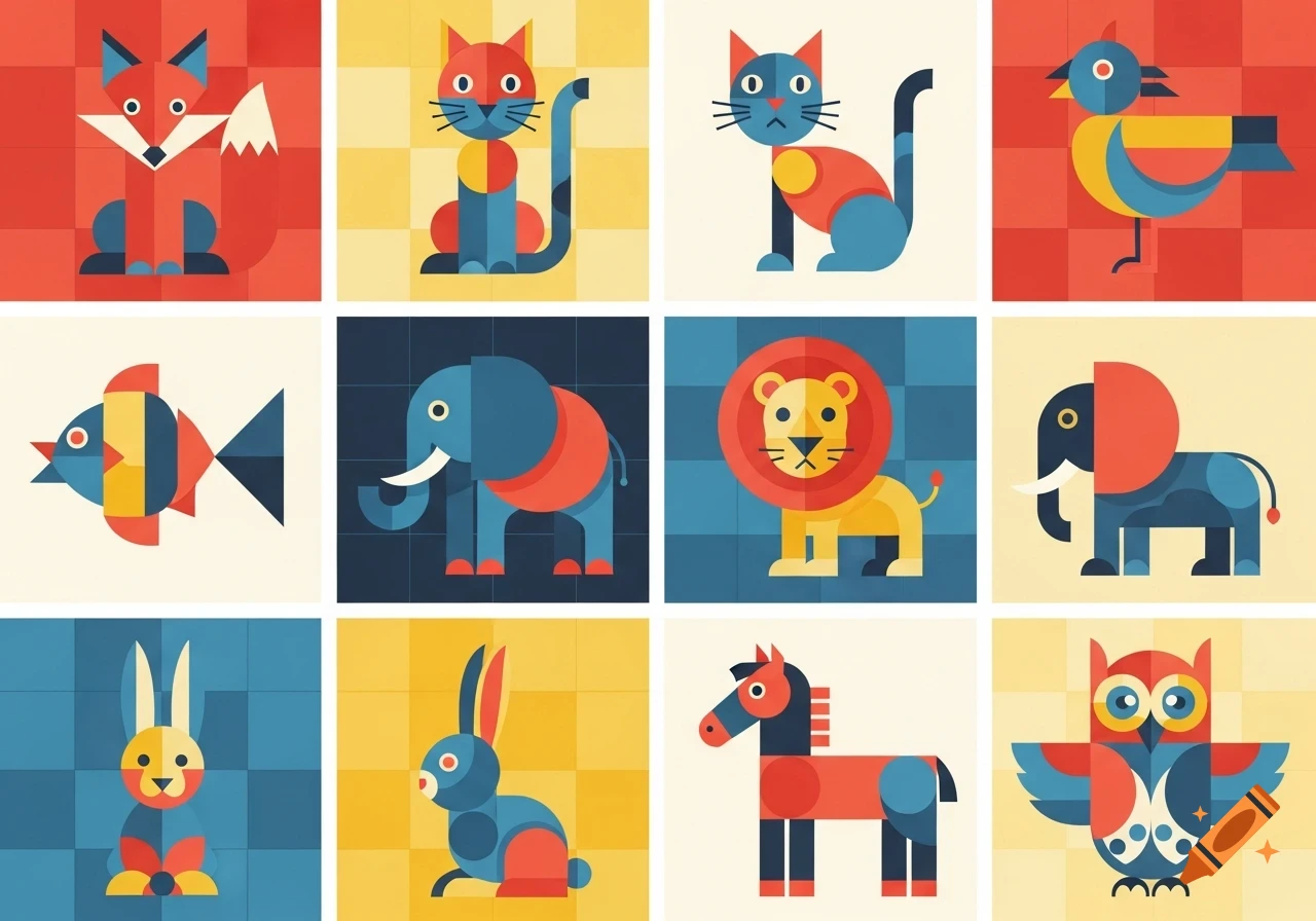A grid of twelve stylized geometric animals in red, yellow, and blue, against checkered backgrounds, in a flat-design Bauhaus style.