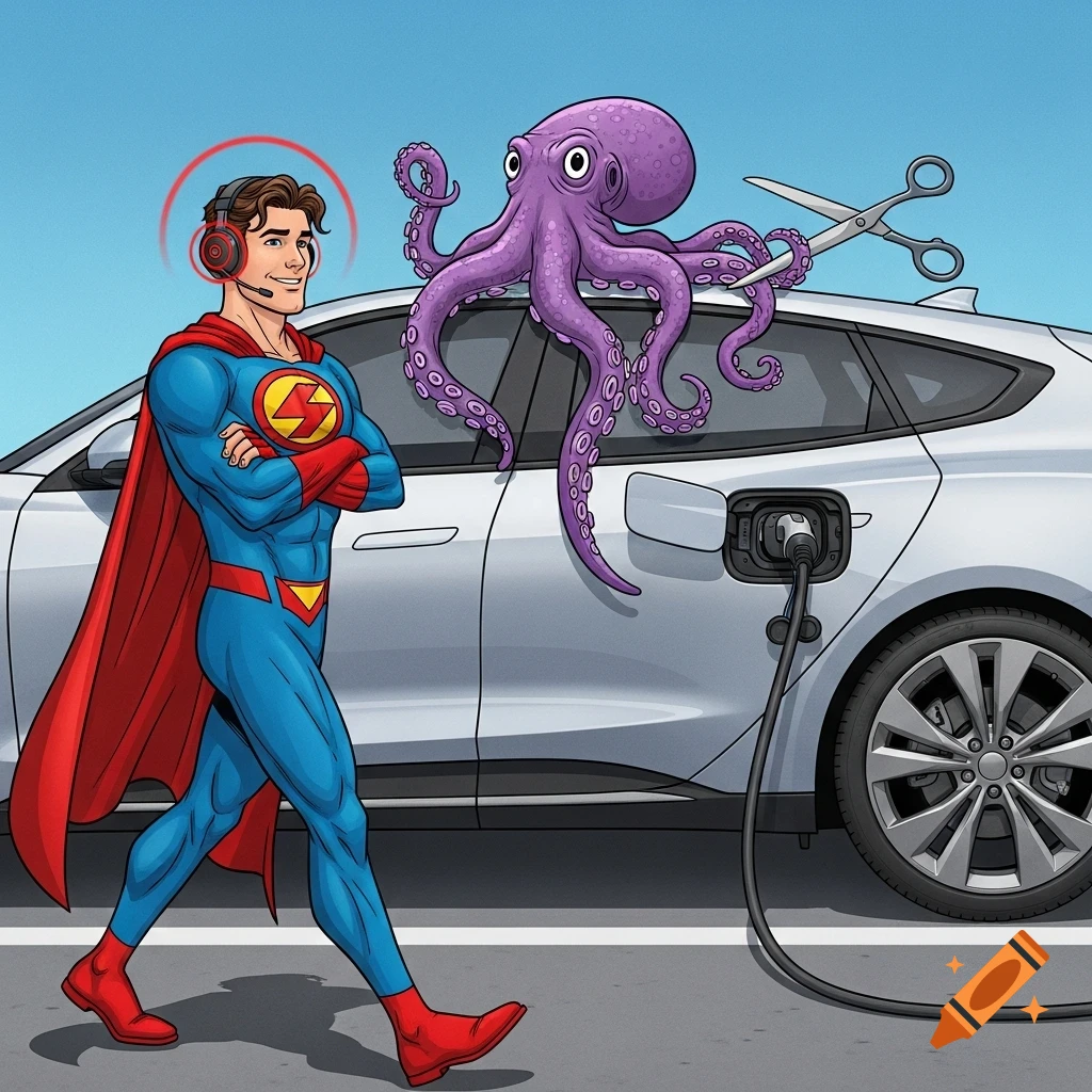 A comic-style image of a brown-haired superhero in a blue suit and red cape, wearing a headset, walking past a white electric car. A purple octopus on the car roof has a tentacle charging the car, while oversized scissors hover nearby.