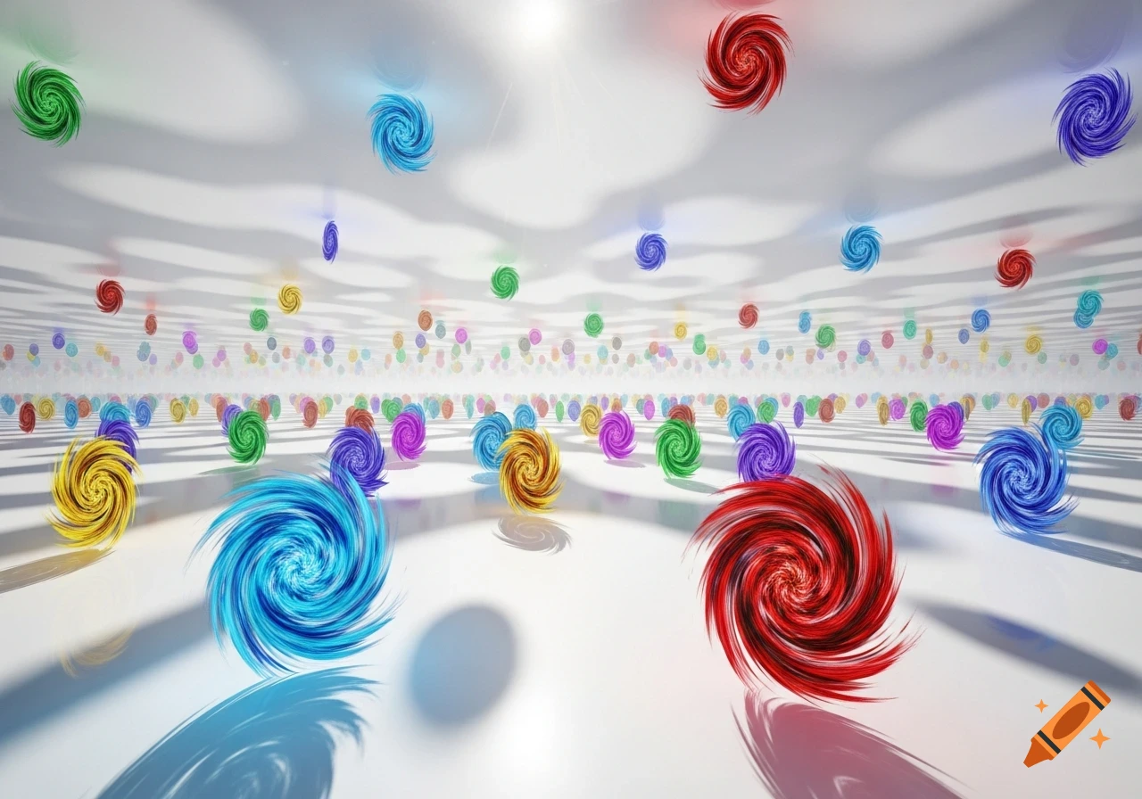 Colorful swirling portals of red, blue, green, yellow, and purple are scattered across a bright white void, receding into the distance.