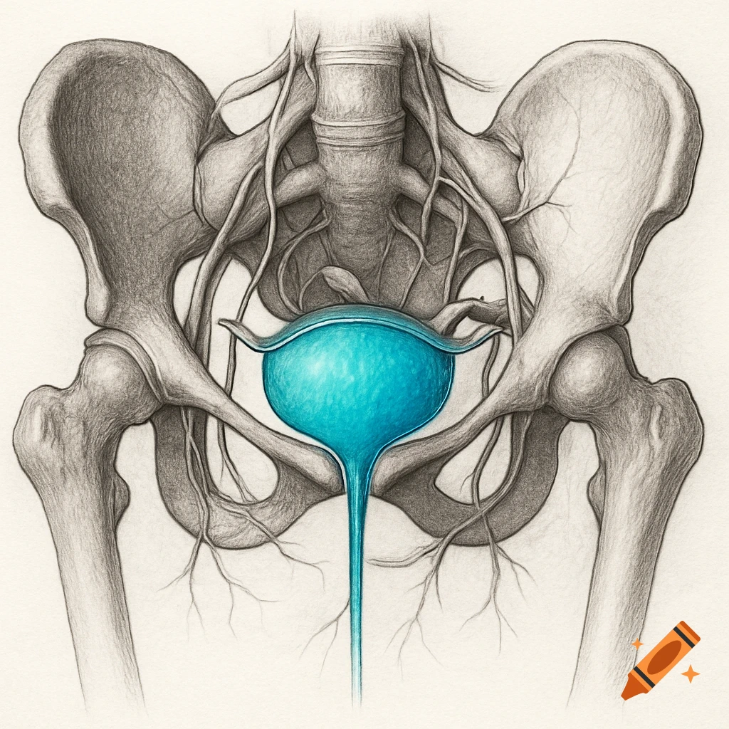 Anatomical drawing of a human pelvic skeleton with a bright blue bladder, surrounded by vessels and nerves, in a pencil sketch style.