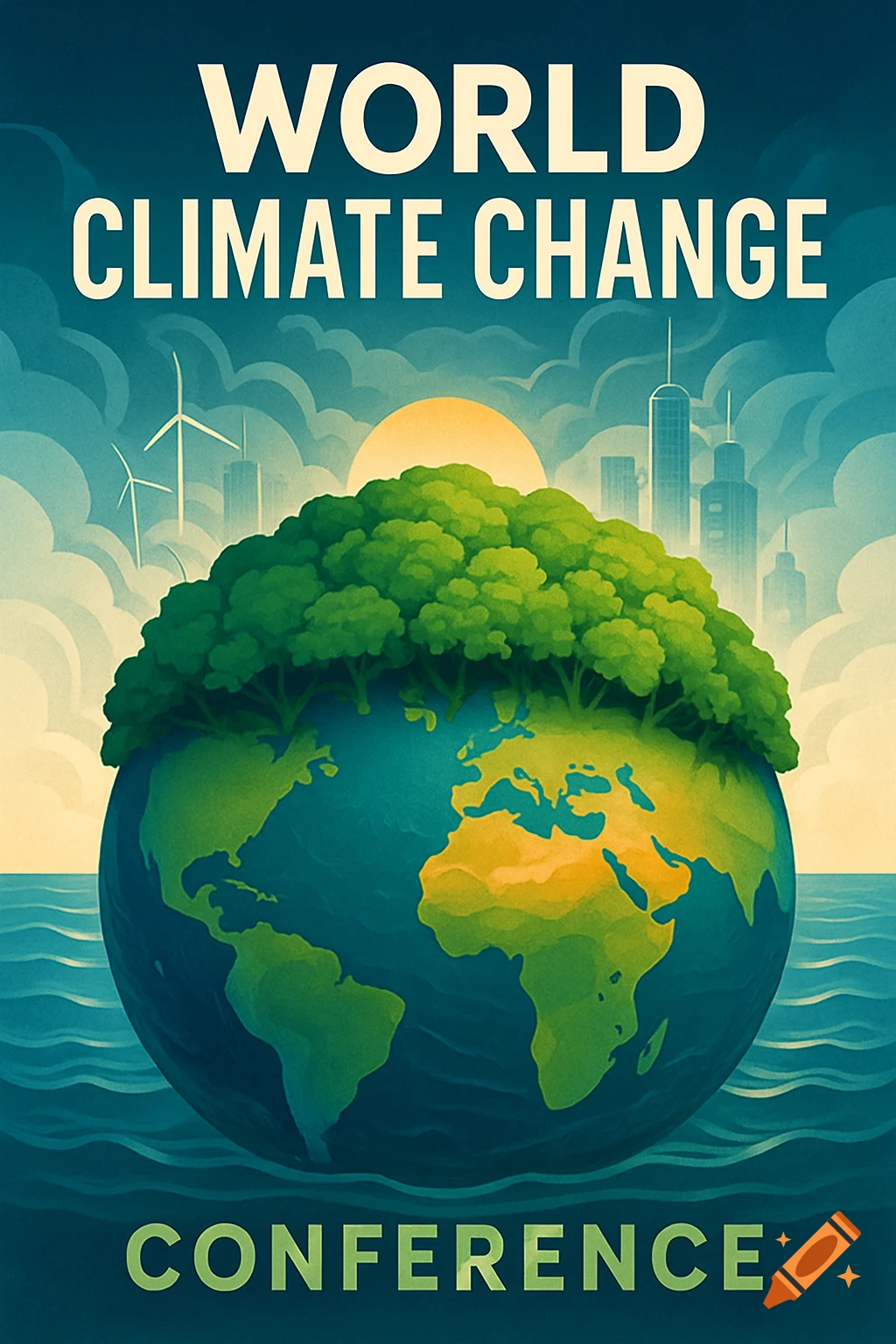 A stylized poster for a World Climate Change Conference, showing a lush Earth surrounded by water, with a city and wind turbines under a cloudy sky.