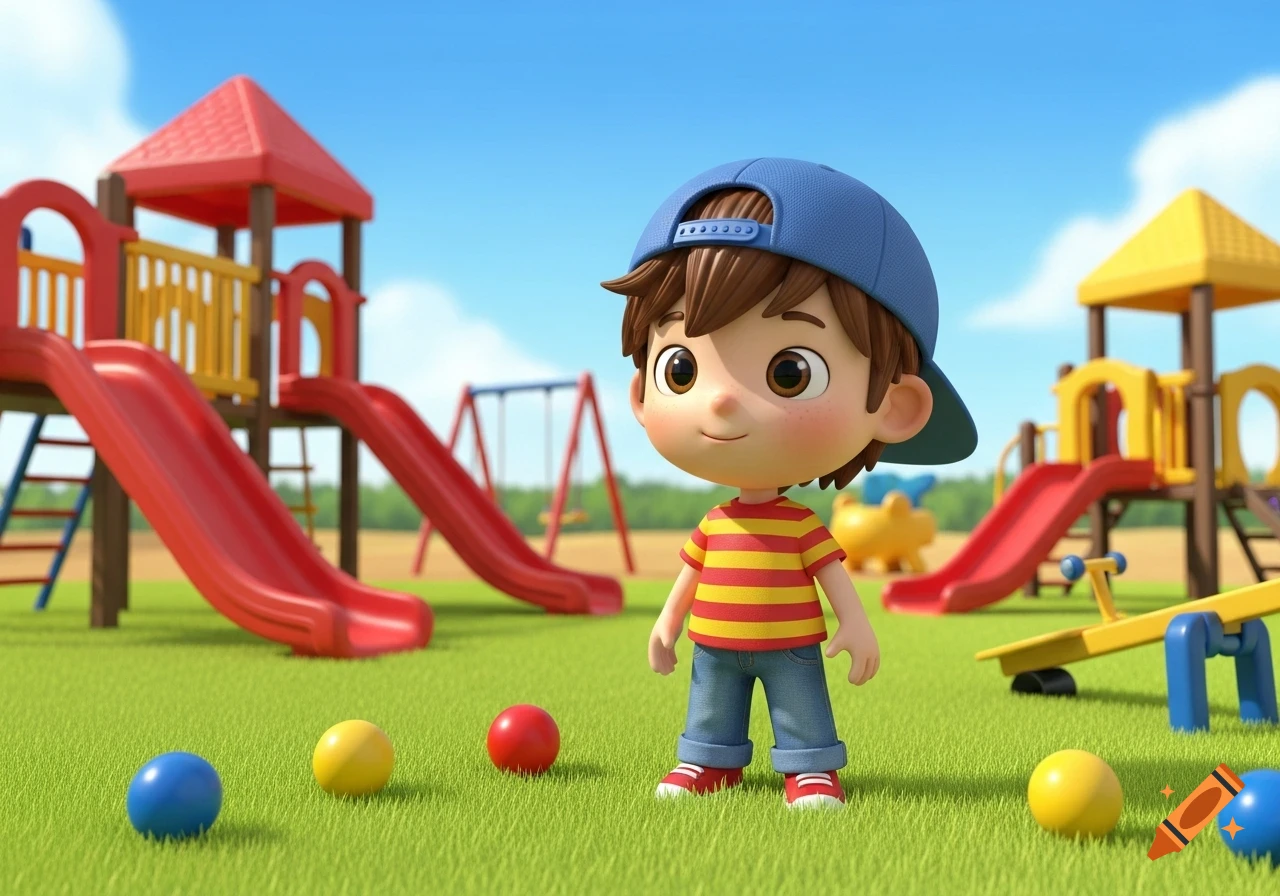 Cartoon boy in a blue hat and striped shirt stands in a green playground with slides and swings.