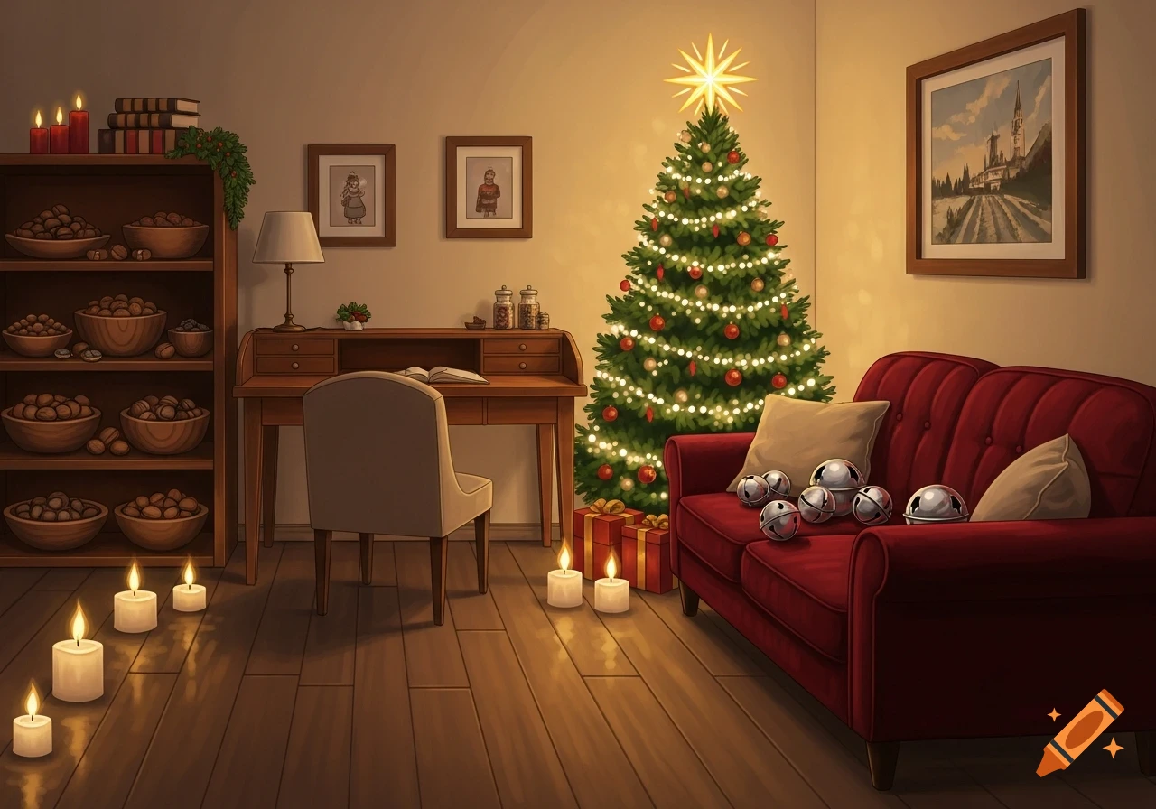 Cozy Christmas room with a brightly lit tree, red sofa, desk, bookshelf of nuts, and candles on the floor in a warm, illustrative style.