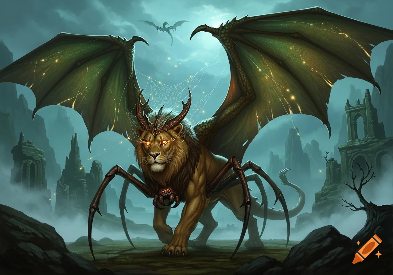 A fantasy creature with a lion's head, glowing eyes, dragon wings, and spider legs stands in a misty ruin landscape.