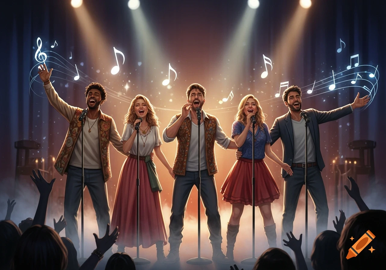 Five singers, two men and three women, perform on a brightly lit stage with musical notes and an audience visible.