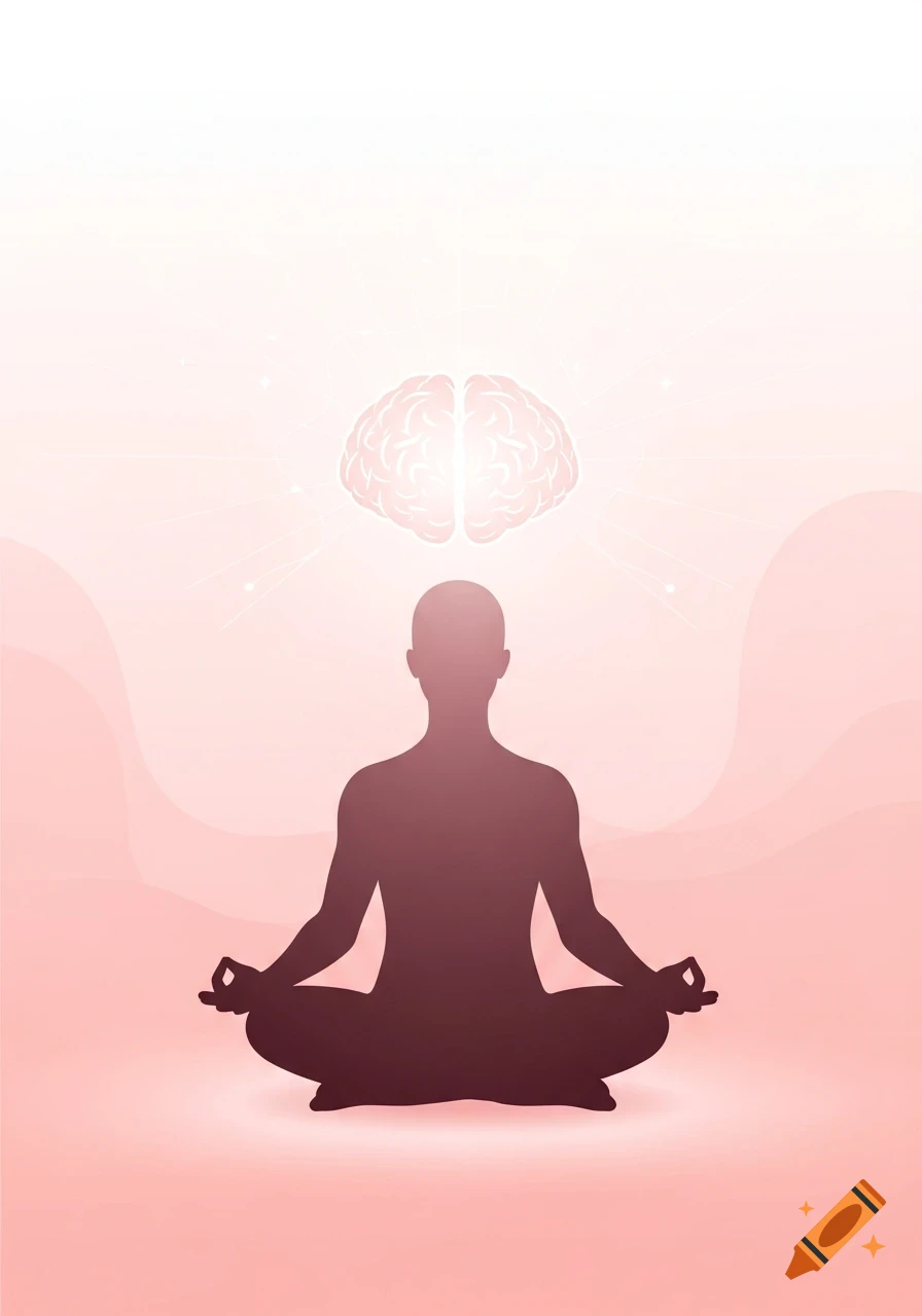 Minimalist illustration of a person meditating in a lotus position with a glowing brain above their head, in soft pink tones.