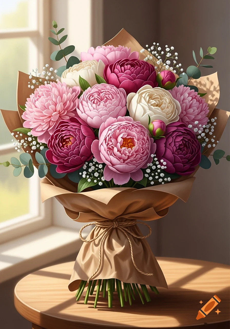 A vibrant bouquet of pink, white, and maroon peonies with greenery, wrapped in brown paper, sits on a wooden table by a window.