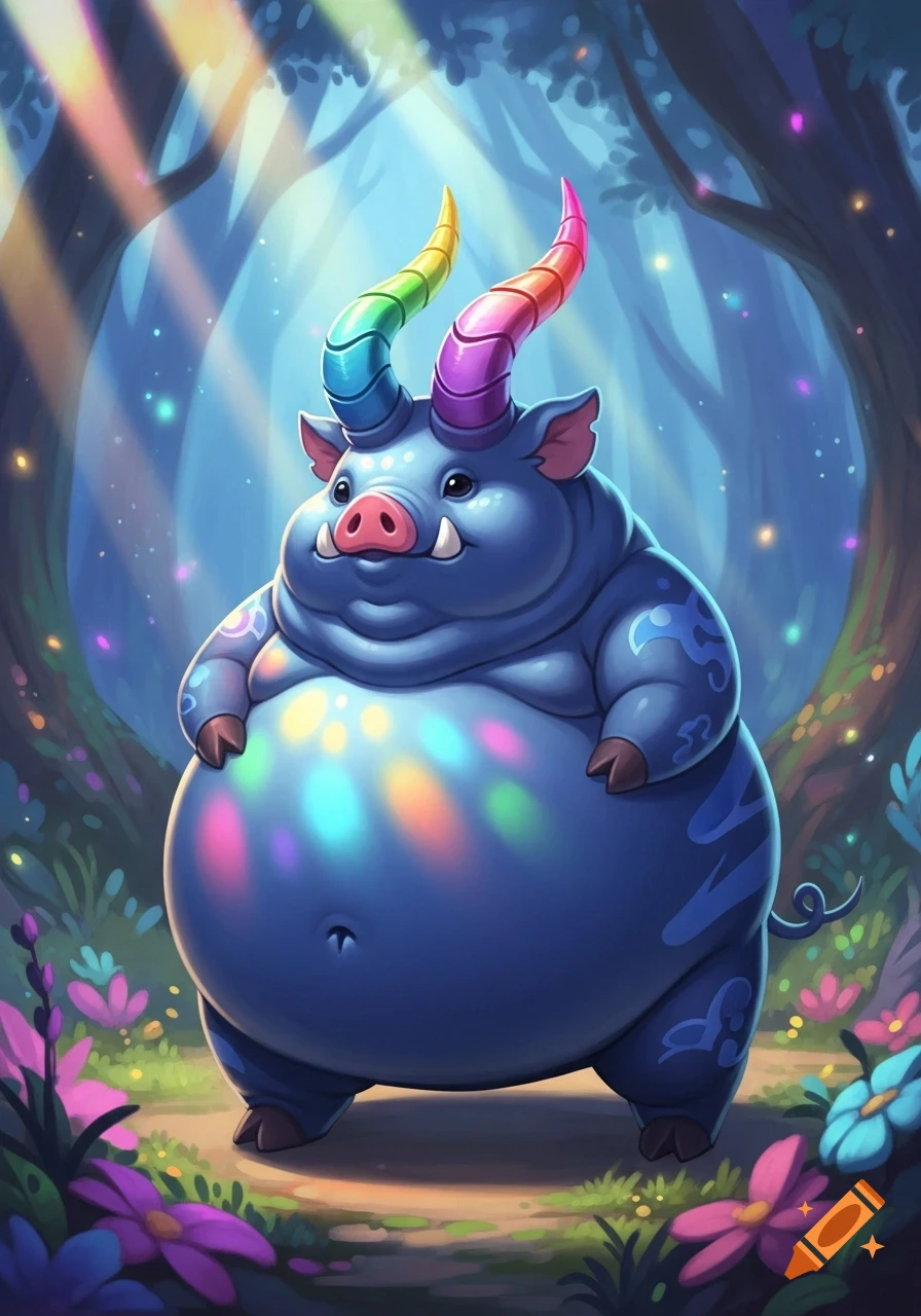 A plump blue creature with a pig's face, tusks, and rainbow-colored horns stands in an enchanted forest.