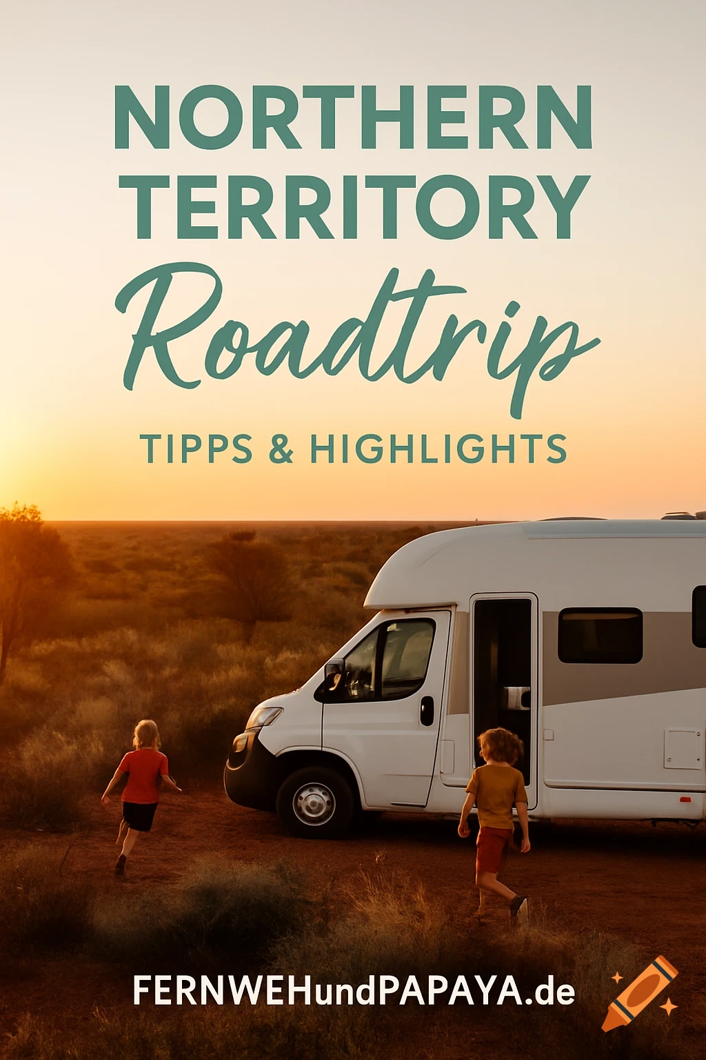 Children run near a white campervan in a vast desert landscape at sunset, with 'Northern Territory Roadtrip' text overlay.