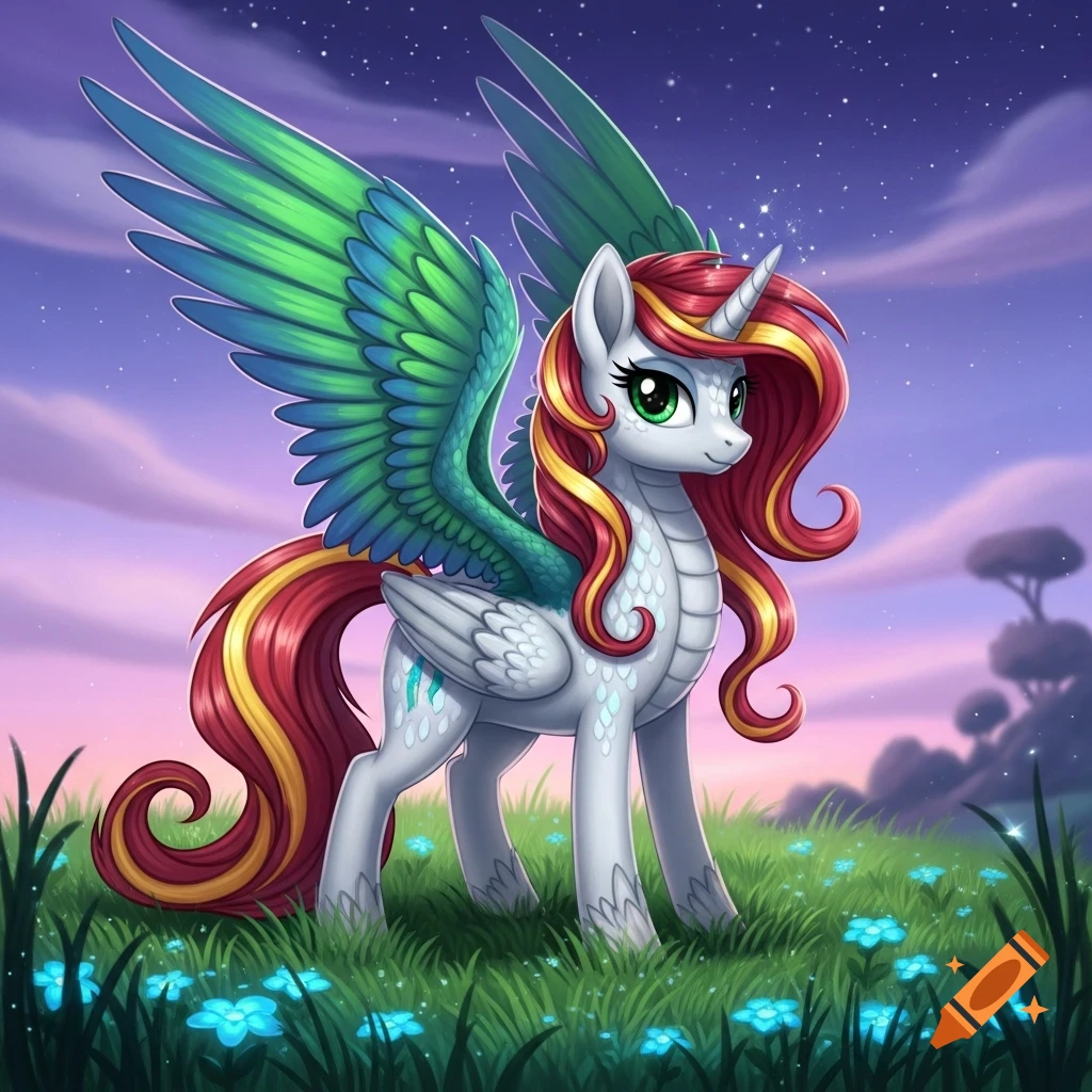 A white My Little Pony-style unicorn with green dragon wings and red-yellow mane stands in a field under a starry twilight sky.
